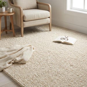 Puede incluir: Una alfombra de área texturizada de color crema con una pila gruesa y en bucle. La alfombra está en una habitación con un sillón beige, una pequeña mesa auxiliar de madera y una manta doblada. Un libro y gafas descansan sobre la alfombra.