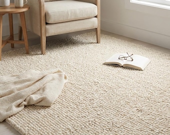 Chunky Knit Wool Rug, Cream Looped Texture Area Rug, Thick Neutral Cozy Floor Accent