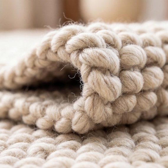 Chunky Wool Knit Neutral Area Rug, Thick Textured Loop Rug, Cozy Scandinavian Minimalist Floor Rug