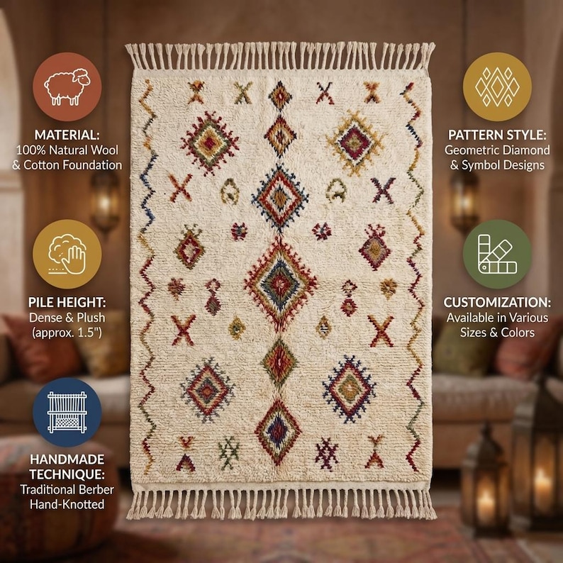 May include: Cream-colored Berber rug with geometric diamond and symbol designs. The rug is hand-knotted with a 100% natural wool and cotton foundation. It features a dense and plush pile, approximately 1.5 inches in height, and is available in various sizes and colors.
