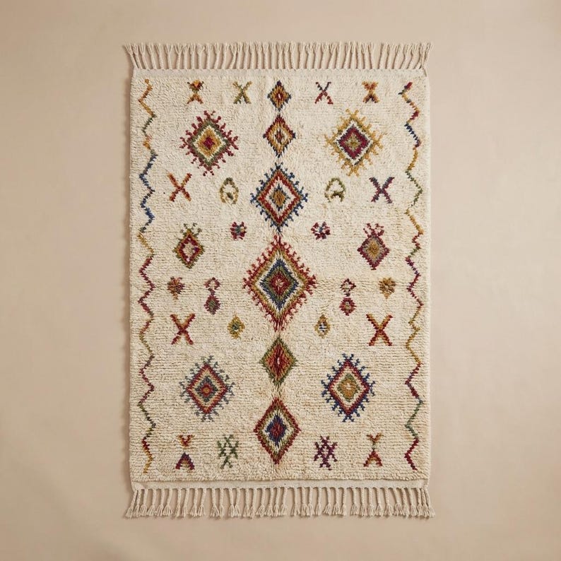 Top-down view of ivory Berber rug with diamond geometric motifs and tribal symbols, displaying full pattern layout and handwoven craftsmanship
