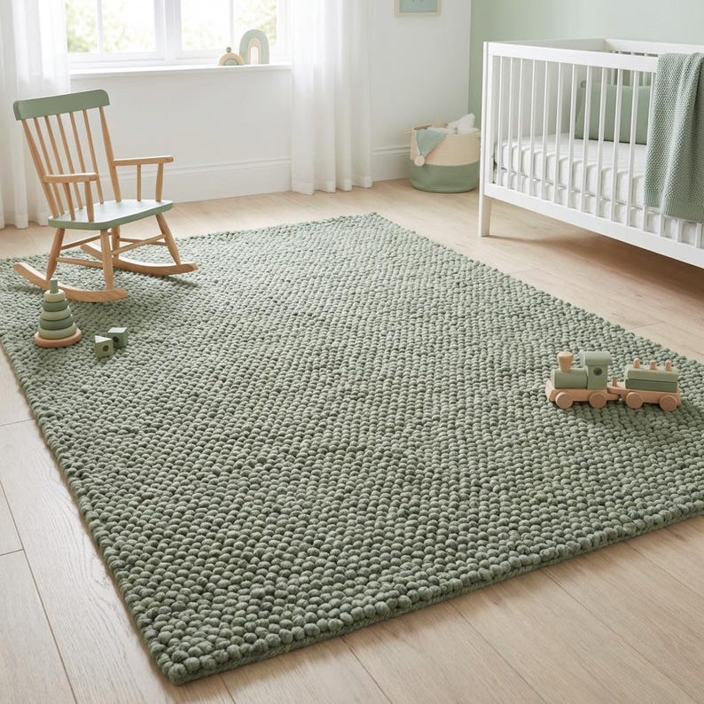 Cozy minimalist green rug styled in calm natural light interior