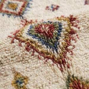 Close-up of handwoven Moroccan wool rug showing thick plush texture, looped fibers, and colorful geometric detailing in red, blue, and mustard tones
