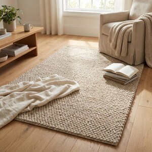 May include: A beige, textured area rug with a nubby, looped pile. The rug is rectangular and sits on a hardwood floor. A folded blanket and open book rest on the rug. A wooden coffee table and armchair are in the background.
