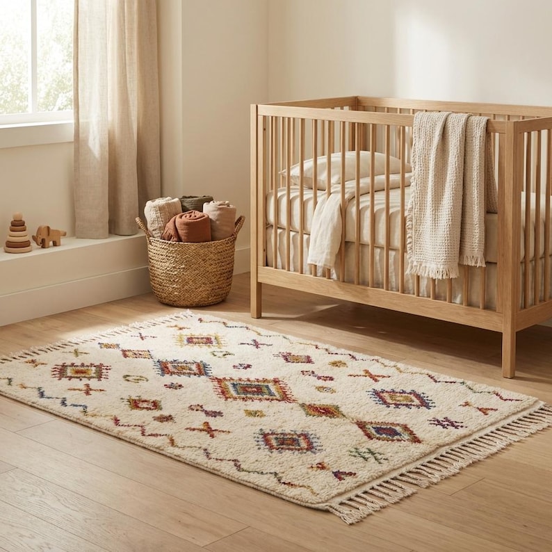 Soft Moroccan wool rug styled in a nursery room, showcasing cozy texture, neutral ivory tones, and child-friendly plush surface