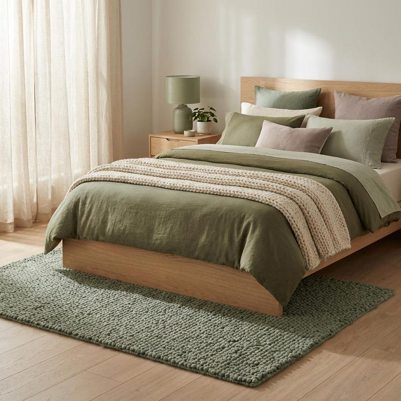 May include: A bedroom scene featuring a bed with olive green bedding, including a duvet cover and pillows. A beige knitted throw is draped over the bed. A sage green rug sits on the wooden floor. A wooden nightstand with a lamp and plant is visible.