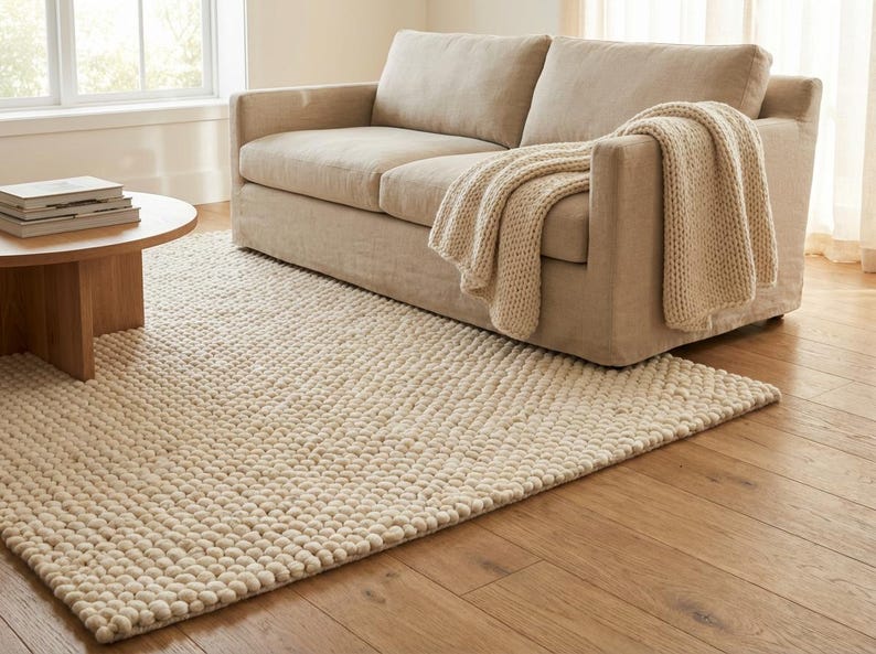 K&ouml;nnte beinhalten: Ein Wohnzimmer mit beigem Sofa und cremefarbener Decke. Ein runder Holztisch mit B&uuml;chern. Ein strukturierter, cremefarbener Teppich liegt auf einem Holzboden. Der Raum hat eine neutrale Farbpalette und wirkt einladend.