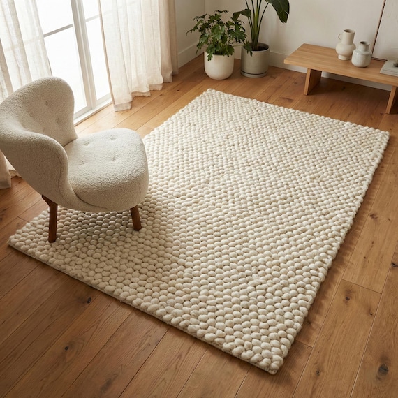 Chunky Wool Ivory Area Rug – Thick Textured Scandinavian Neutral Living Room Carpet