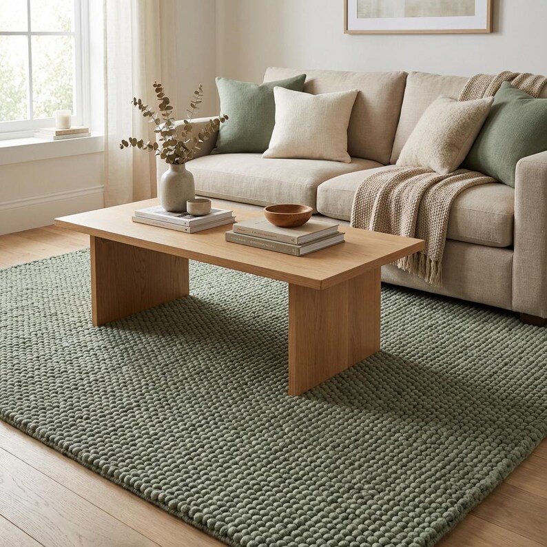 Soft textured solid green area rug placed on wooden floor near window