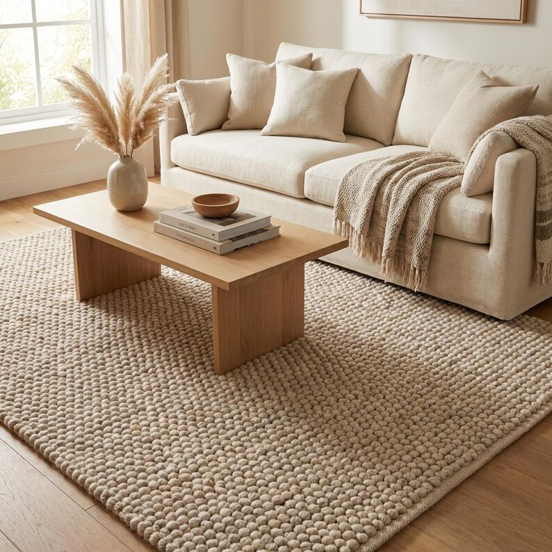 Cozy minimalist rug with thick woven loops creating plush textured surface