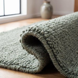 Chunky sage green textured rug folded to show thick loop pile detail