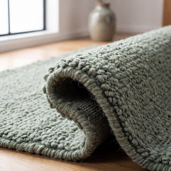 Chunky Loop Textured Sage Green Rug, Thick Cozy Minimalist Organic Area Rug