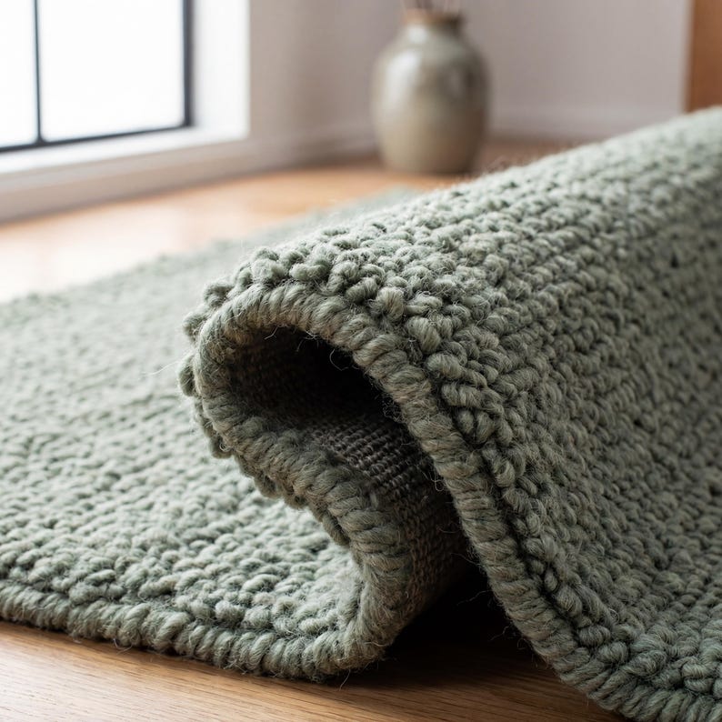 Chunky sage green textured rug folded to show thick loop pile detail