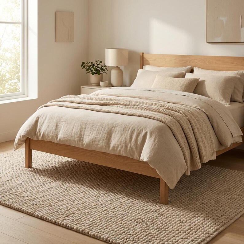 May include: A bedroom scene featuring a bed with beige bedding, a knitted throw, and pillows. The bed frame is made of light-colored wood. A beige rug covers the floor. A lamp and artwork are also visible.
