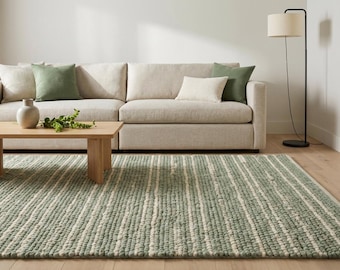 Chunky Braided Wool Rug in Sage and Cream – Thick Handwoven Textured Scandi Floor Accent