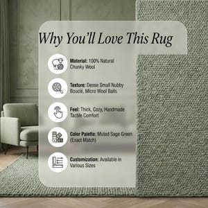 May include: A sage green rug with a chunky wool texture. The image includes text that reads "Why You'll Love This Rug" and details about the rug's material, texture, feel, color palette, and customization options.