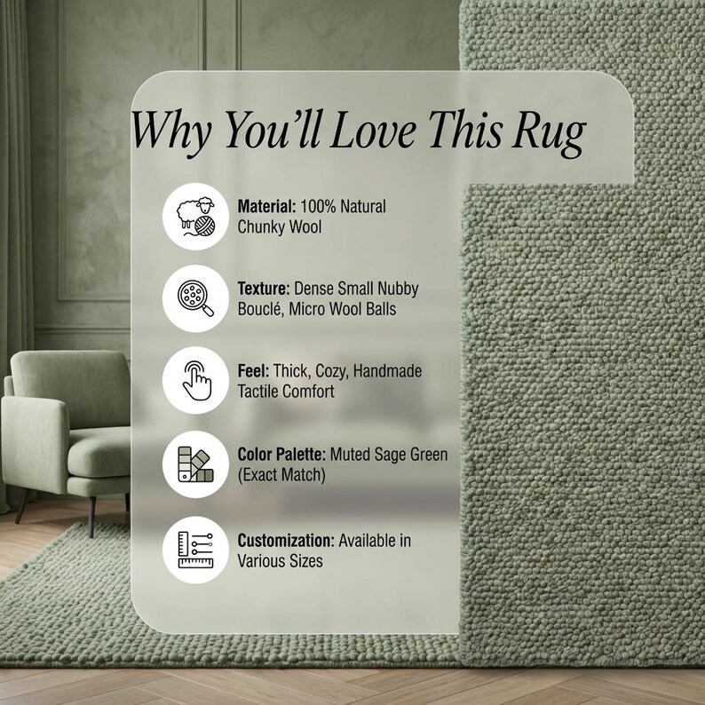 May include: A sage green rug with a chunky wool texture. The image includes text that reads "Why You'll Love This Rug" and details about the rug's material, texture, feel, color palette, and customization options.