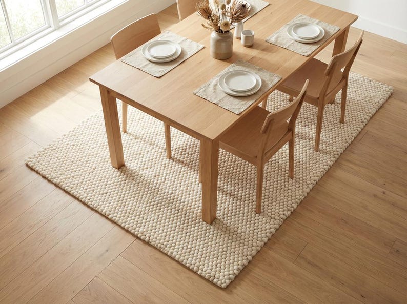 K&ouml;nnte beinhalten: Ein Esstisch aus hellem Holz mit vier passenden St&uuml;hlen, gedeckt f&uuml;r eine Mahlzeit. Der Tisch steht auf einem cremefarbenen, strukturierten Teppich. Der Raum hat einen hellen Holzboden und ein Fenster im Hintergrund. Der Tisch ist mit Tellern und Tischsets gedeckt.