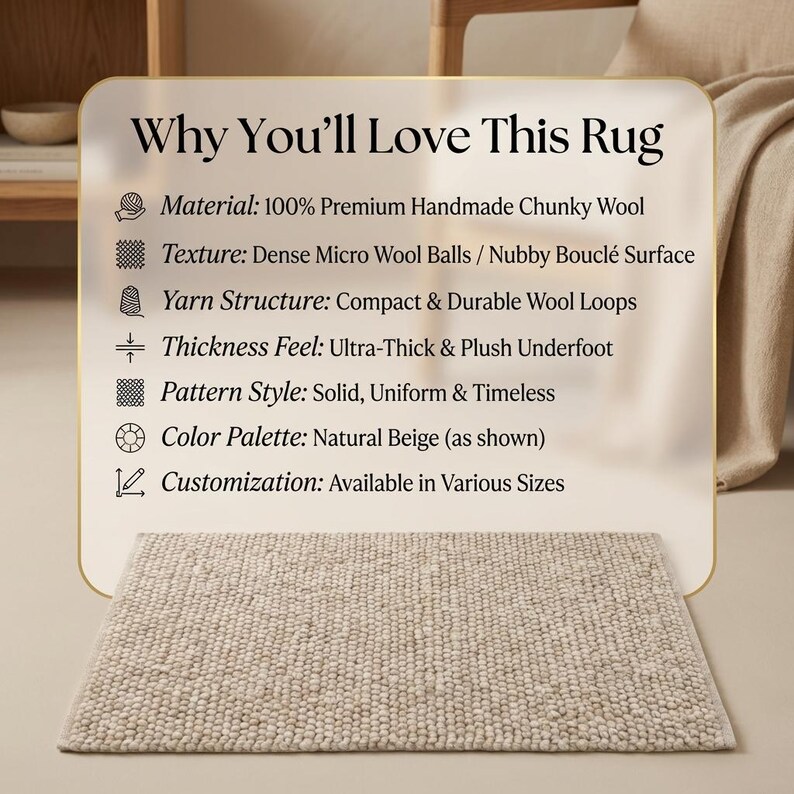 May include: A rectangular, natural beige rug made of chunky wool. The rug has a dense, nubby texture and a solid, uniform pattern. Text on a sign reads "Why You'll Love This Rug" and lists features like material, texture, and color.