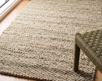 Chunky Wool Loop Rug, Handwoven Neutral Area Rug, Thick Textured Organic Carpet, Modern Minimalist Cozy Rug, Beige Pebble Living Room Rug