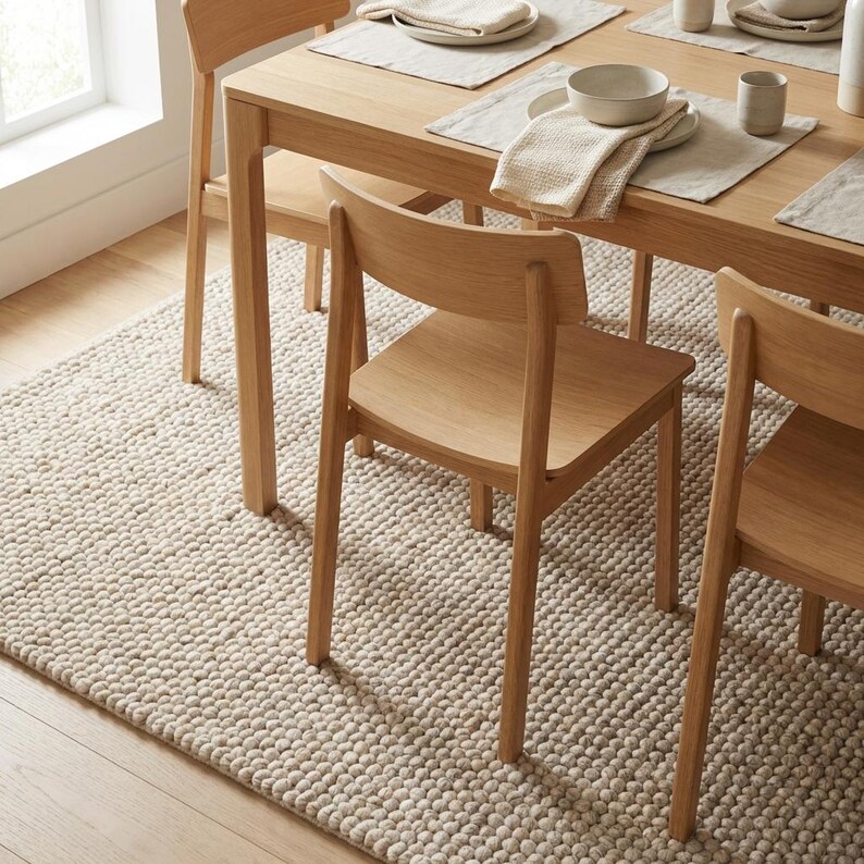 May include: A light beige, textured area rug with a tight, looped pile. The rug is placed under a wooden dining table and chairs, creating a warm and inviting dining space. The table is set with neutral-colored placemats and tableware.