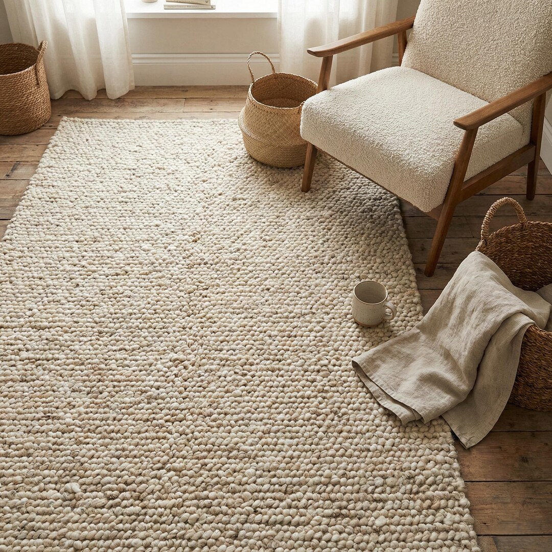 Loop Texture Bath Rugs Chunky Loop Textured Area Rug, Neutral Cream Handcrafted Look Cozy ...