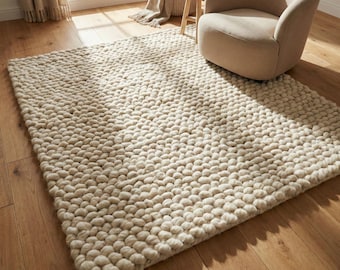Chunky Wool Loop Rug, Cream Handcrafted Textured Area Rug, Modern Organic Cozy Carpet