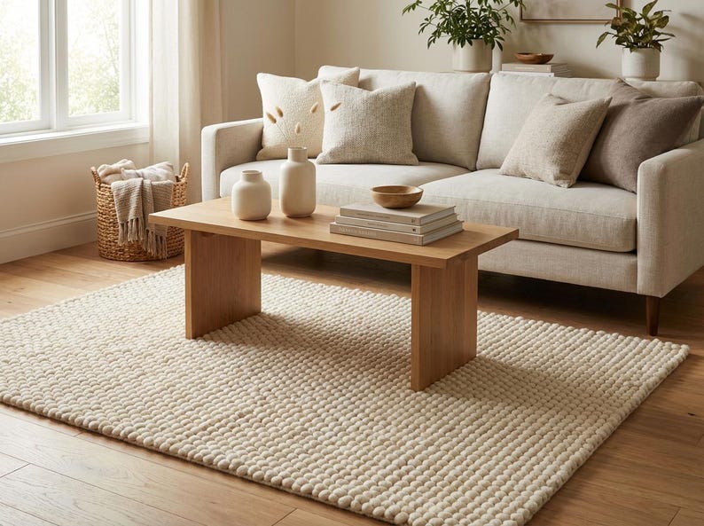 Scandinavian living room featuring chunky neutral wool rug and soft lounge chair