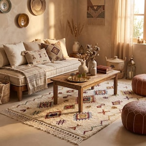 May include: A cozy living room scene with a cream-colored sofa, patterned pillows, and a wooden coffee table. A cream-colored rug with geometric designs and fringe adds warmth. Decorative baskets, vases, and a woven wall hanging complete the bohemian aesthetic.