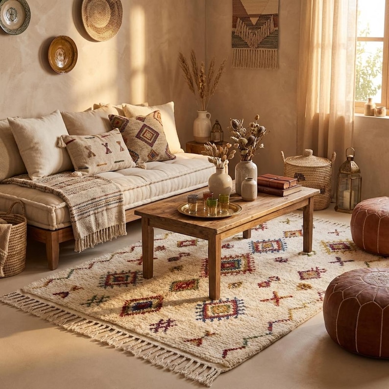 May include: A cozy living room scene with a cream-colored sofa, patterned pillows, and a wooden coffee table. A cream-colored rug with geometric designs and fringe adds warmth. Decorative baskets, vases, and a woven wall hanging complete the bohemian aesthetic.