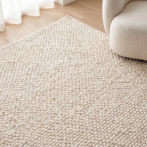 Chunky Wool Rug, Handwoven Neutral Loop Texture Rug, Cozy Cream Area Rug, Minimalist Organic Modern Nursery Living Room Carpet