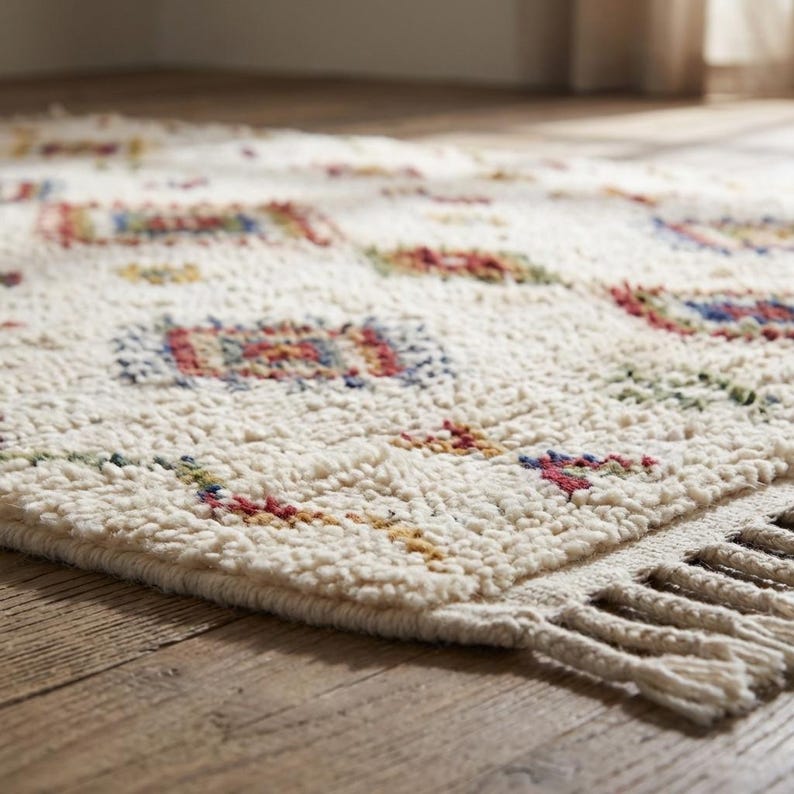 Detailed view of rug corner and braided fringe edges highlighting handwoven finish, thickness, and durable wool construction