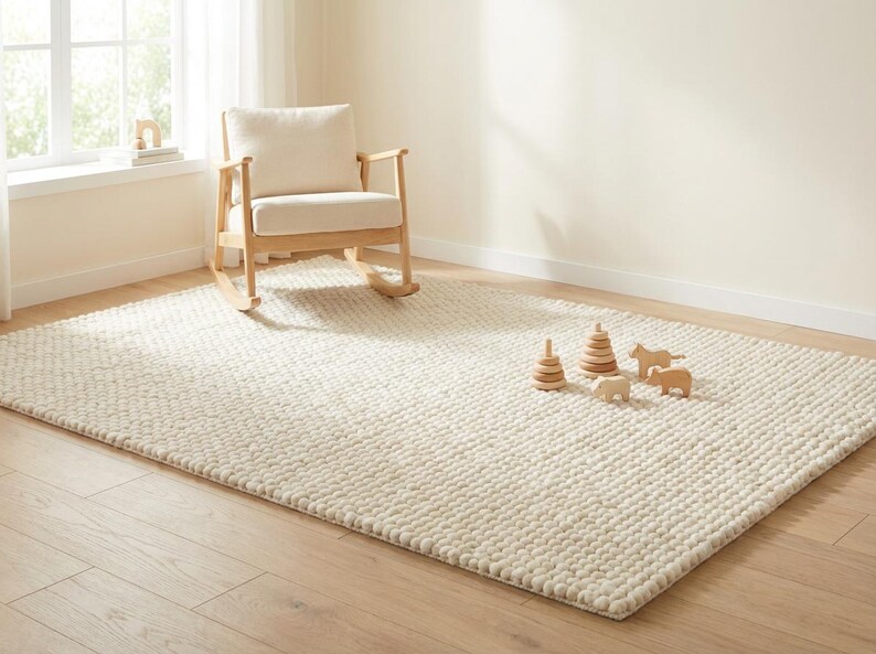 Cozy bedroom-style setting with plush ivory textured wool area rug