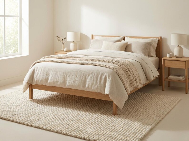 K&ouml;nnte beinhalten: Ein helles Holzbett mit einer beigen Bettdecke und Kissen. Eine beige Strickdecke liegt auf dem Bett. Zwei passende Nachttische mit Lampen flankieren das Bett. Ein cremefarbener Teppich liegt auf dem Boden.