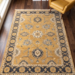 Tappeto Oushak color oro senape, tappeto floreale persiano annodato a mano, frange per soggiorno