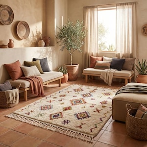 Boho Moroccan area rug placed in a modern living room setting, adding warmth and texture with its neutral base and colorful tribal accents