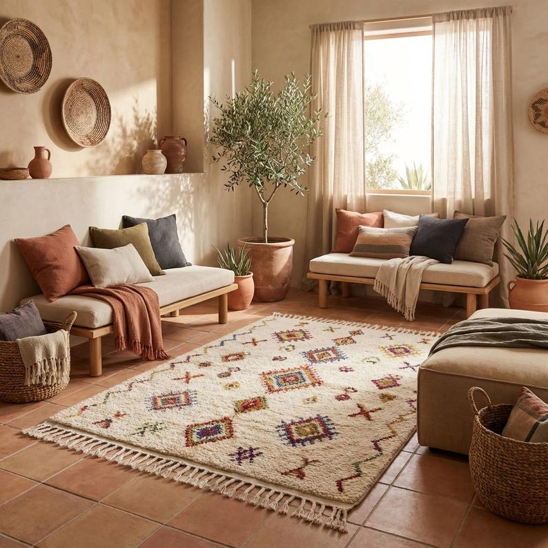 Boho Moroccan area rug placed in a modern living room setting, adding warmth and texture with its neutral base and colorful tribal accents