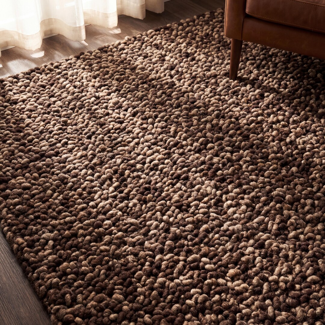 Chunky Wool Loop Rug Brown Handwoven Thick Textured Area Rug Cozy Plush ...
