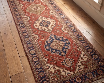 Alfombra de pasillo de estilo persa vintage, alfombra de lana anudada a mano, alfombra bohemia de color rojo óxido para entrada o cocina.