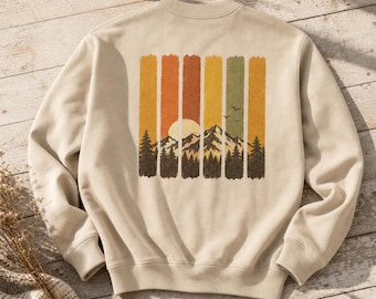 Gestreiftes Sweatshirt mit Berg-Sonnenuntergangsmotiv, Retro-Stil der 70er Jahre, Outdoor-Bekleidung, Waldgrafik