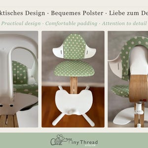 May include: A white high chair with a wooden frame and a green polka dot seat and backrest. The chair has a unique design with a comfortable padded seat. The text at the top says "Practical design, Comfortable padding, Attention to detail."