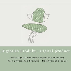 May include: A digitally rendered image of a chair with a green seat and backrest, both adorned with white polka dots. The chair's frame is depicted in black and white line art. The image includes the text "Digital product" and "Download instantly".
