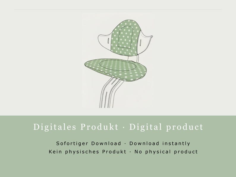 May include: A digitally rendered image of a chair with a green seat and backrest, both adorned with white polka dots. The chair's frame is depicted in black and white line art. The image includes the text "Digital product" and "Download instantly".