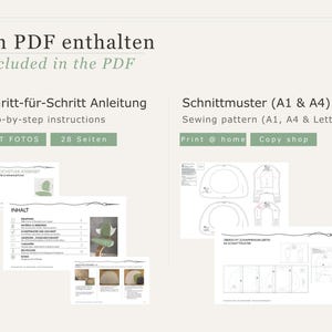 May include: A digital sewing pattern with step-by-step instructions and a sewing pattern for A1, A4, and Letter sizes. The image includes the text "Im PDF enthalten" and "Included in the PDF". The instructions include photos and are 28 pages long.