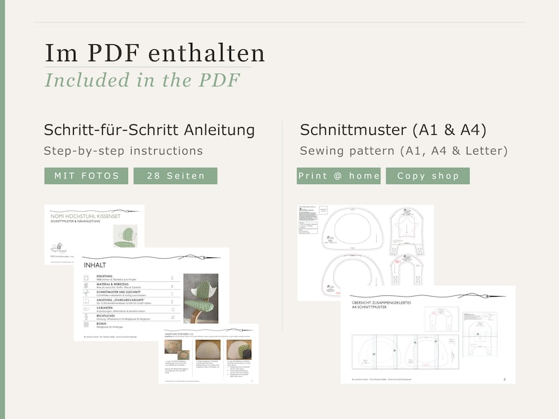 May include: A digital sewing pattern with step-by-step instructions and a sewing pattern for A1, A4, and Letter sizes. The image includes the text "Im PDF enthalten" and "Included in the PDF". The instructions include photos and are 28 pages long.