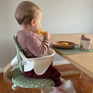May include: A baby sits in a high chair with a white tray and a green polka dot seat. A wooden plate with food, a cup, and a placemat are on the table. The baby wears a pink shirt and burgundy pants.