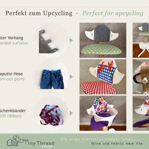 May include: An image promoting upcycling, featuring examples of repurposed materials. The text reads "Perfect for upcycling." Examples include a chair with a gray hat, a chair with a lobster design, and a chair with a floral design. The image also shows discarded curtains, worn-out pants, and gift ribbons.