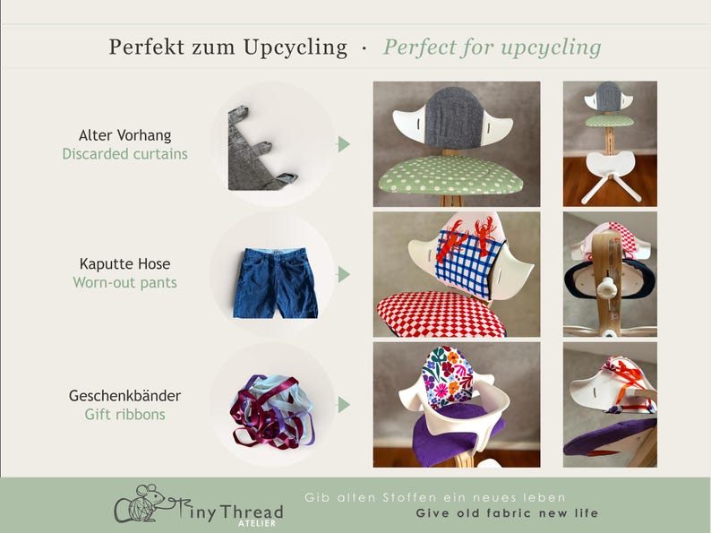 May include: An image promoting upcycling, featuring examples of repurposed materials. The text reads "Perfect for upcycling." Examples include a chair with a gray hat, a chair with a lobster design, and a chair with a floral design. The image also shows discarded curtains, worn-out pants, and gift ribbons.