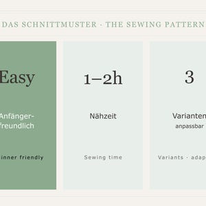 May include: A graphic with text indicating a sewing pattern is easy, beginner-friendly, and adaptable. The image shows three columns with the words "Easy", "1-2h", and "3". The text also includes "Sewing time" and "Variants adaptable".