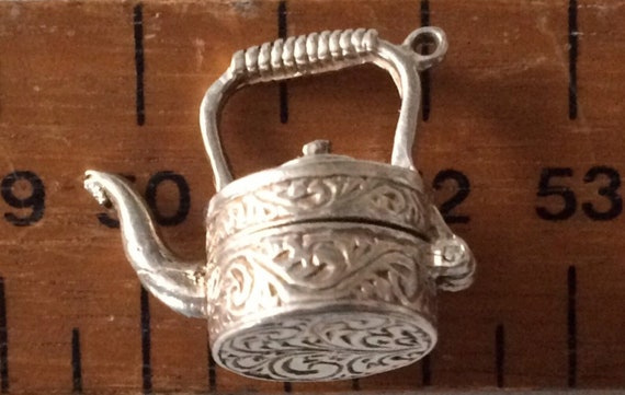 Large Detailed Vintage Sterling Silver Decorative Opening Kettle Charm Kettle Pendant